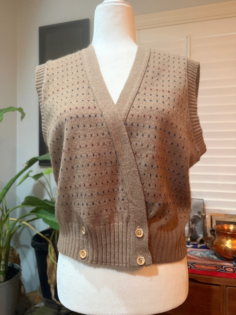 Camel colored vintage wool blend sweater vest.